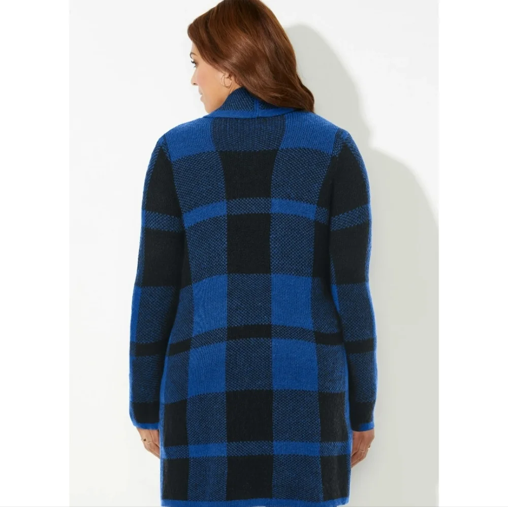 NWT Catherines Country Village Blue/Black Buffalo Plaid Sweater Cardigan 1X